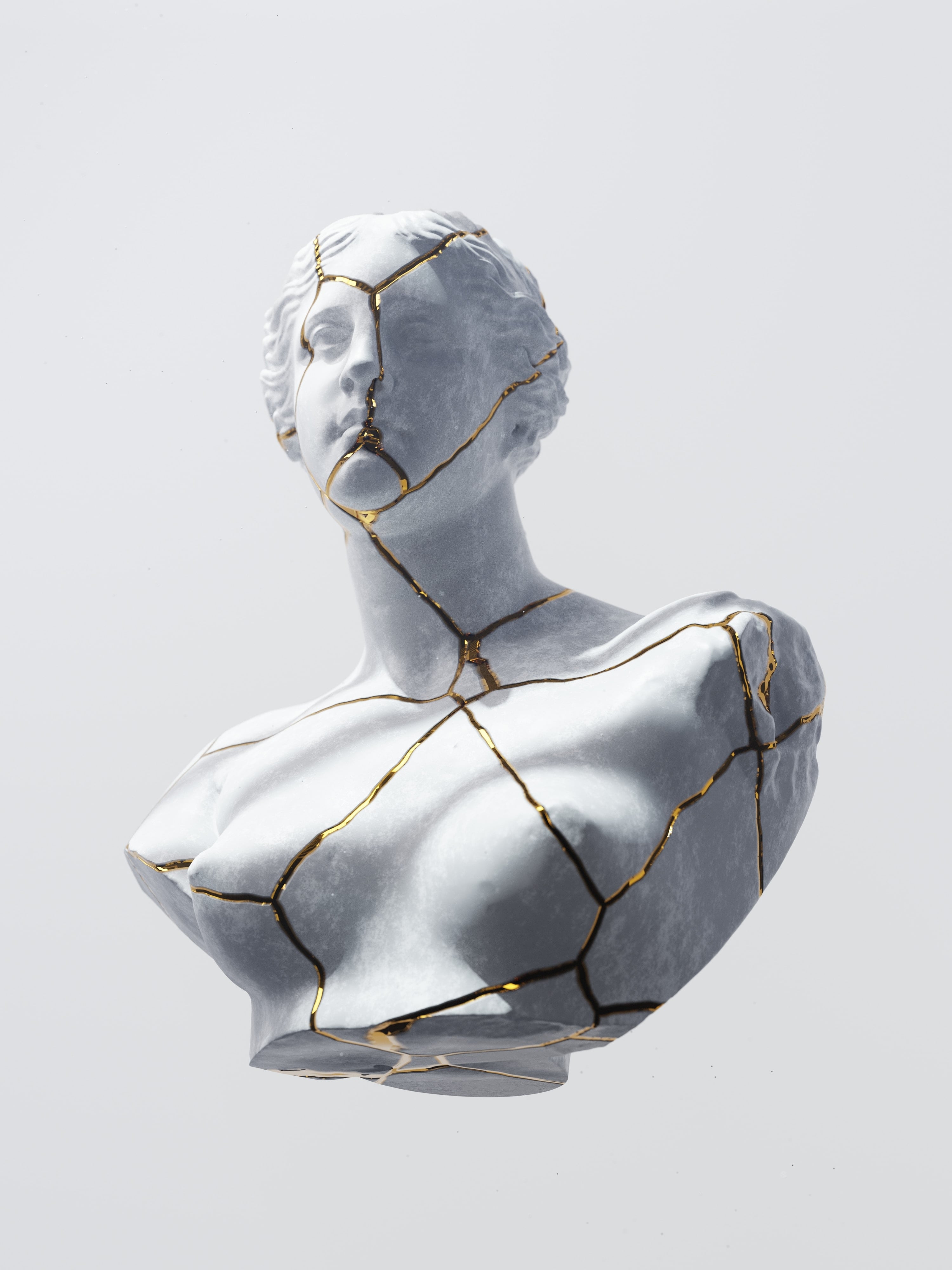 White classical bust repaired with gold kintsugi cracks