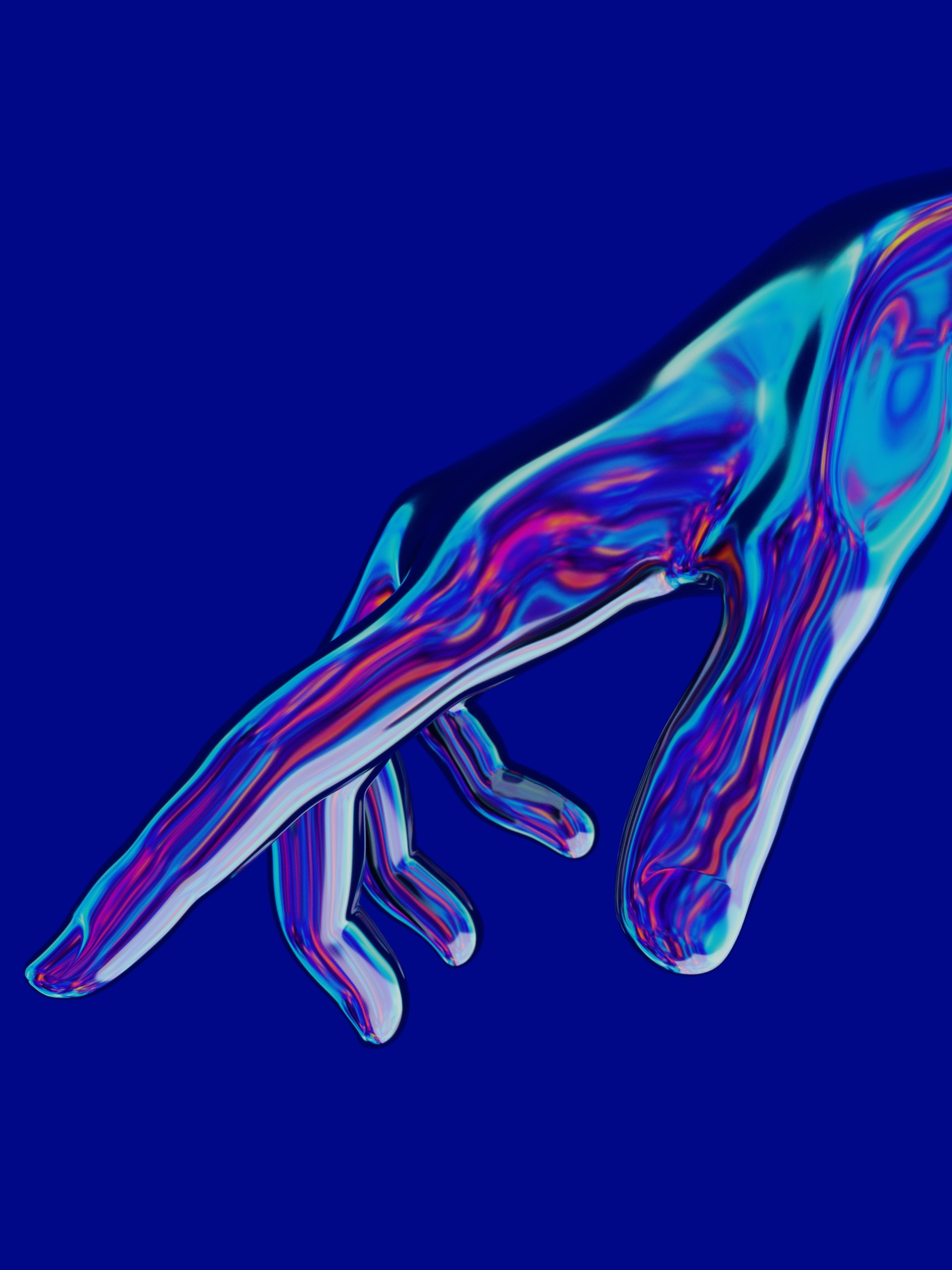Neon artwork of a pointing hand on a cobalt blue background