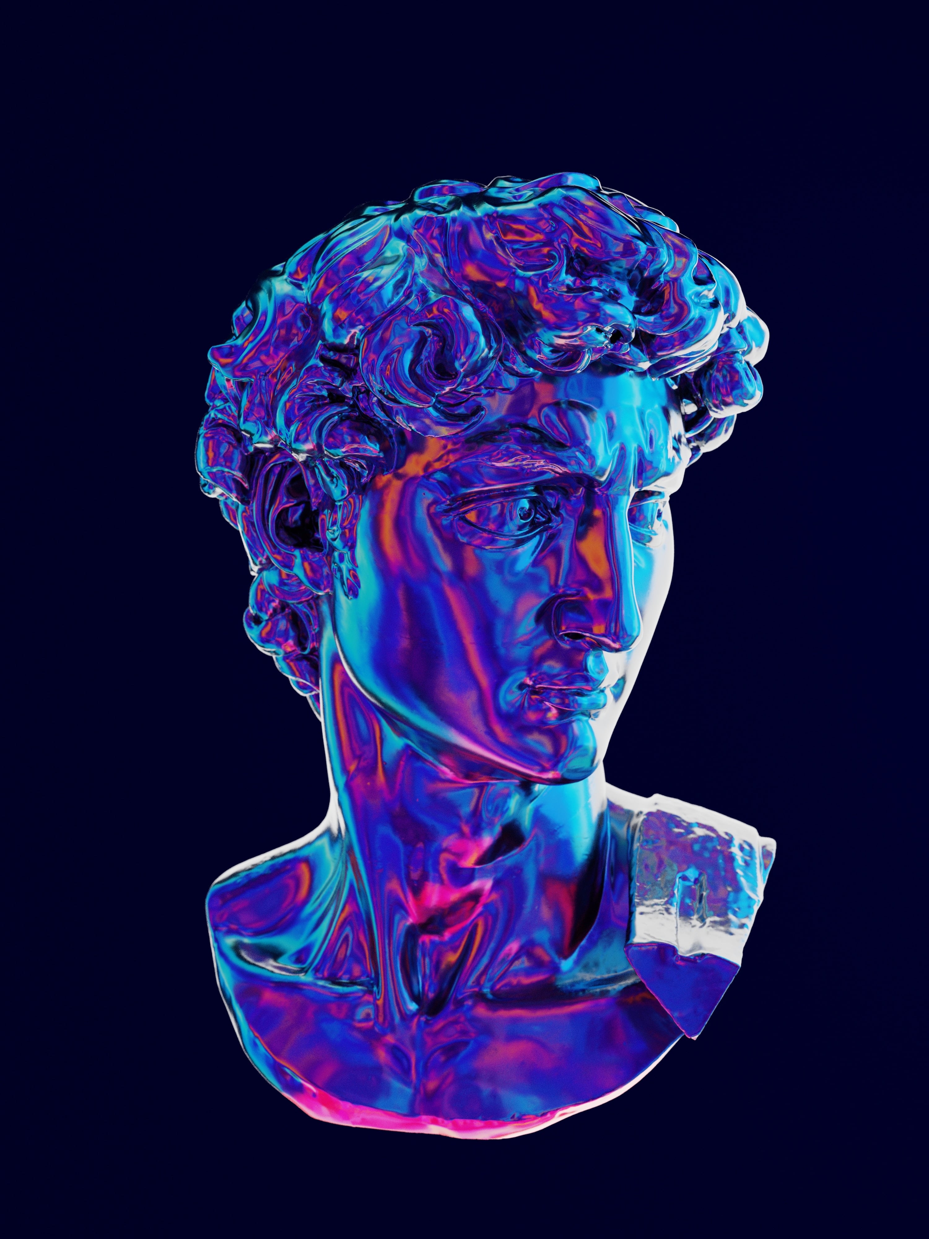 Neon artwork of Michelangelo's David against a dark blue field
