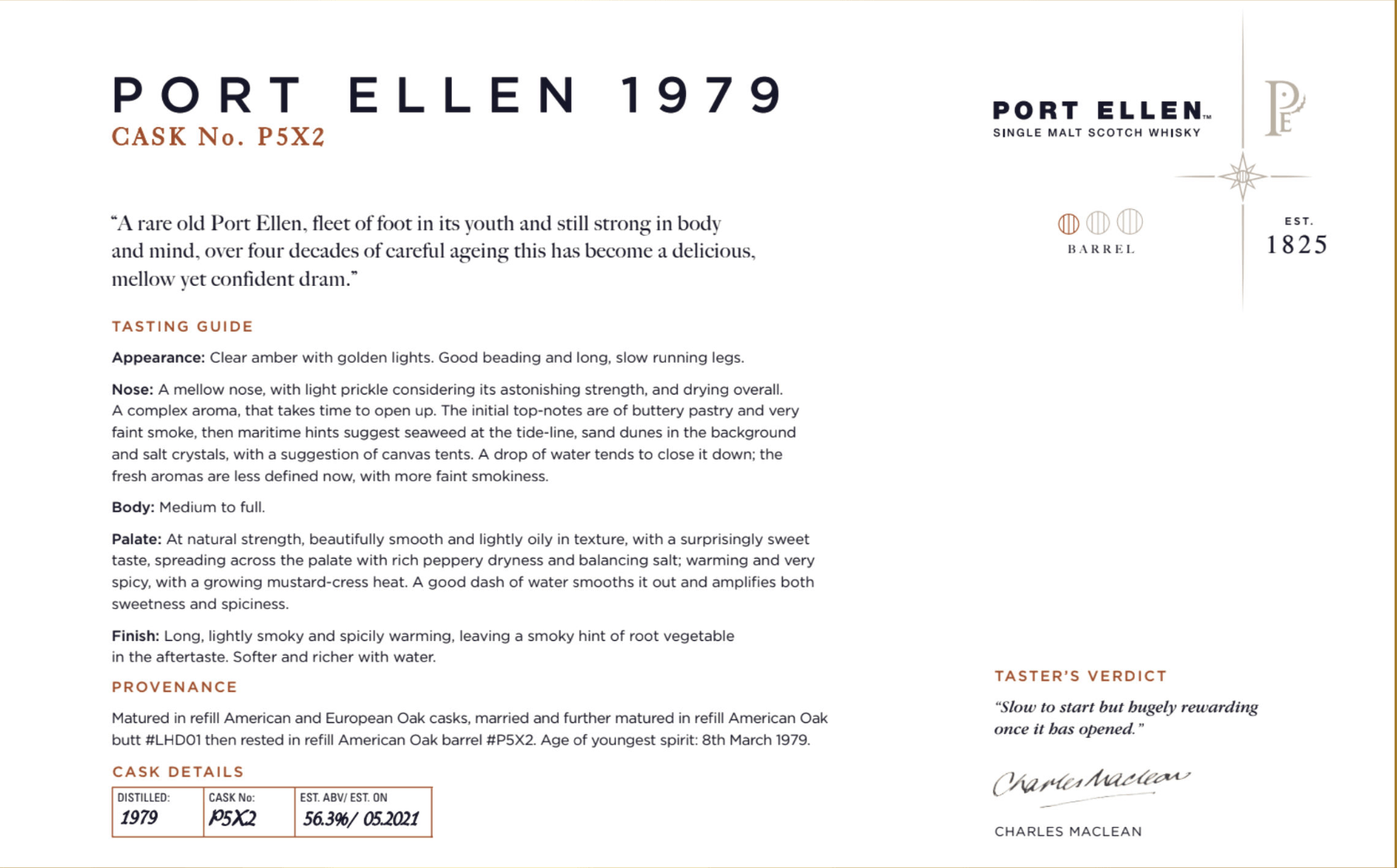 Port Ellen 1979 cask P5X2 product specifications and tasting notes